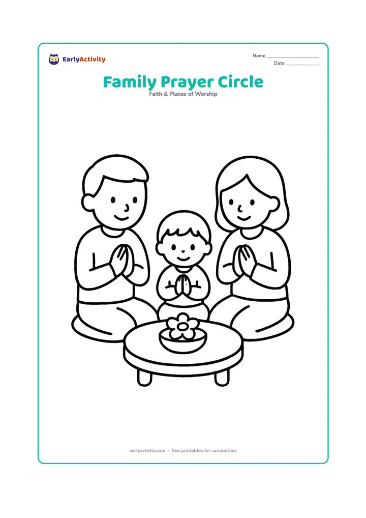 Colouring page: Three family members sit in a gentle circle on floor cushions with folded hands, with a low round table holding a flower bowl in the center.