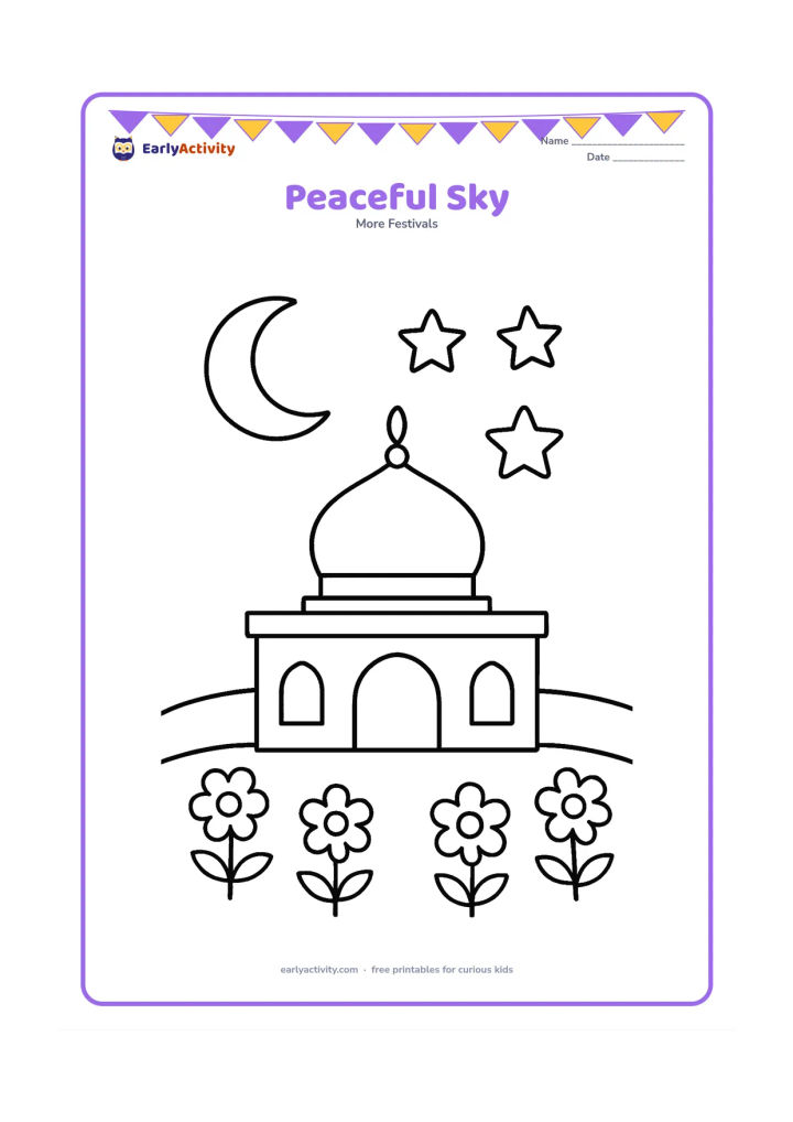 Colouring page: Draw a simple evening view of a gurdwara with a dome, a crescent moon, three large stars and a few flowers in the foreground. Keep the building low and the sky spacious.