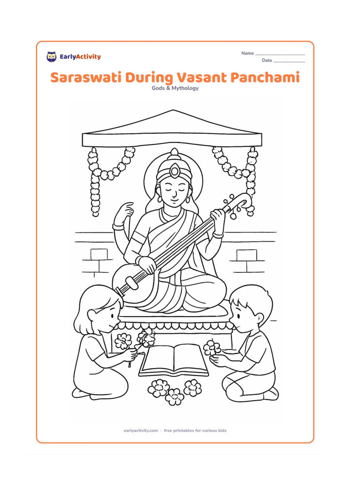 Colouring page: Saraswati sits on a decorated platform holding a veena while children respectfully place flowers near a blank book. Include marigold garlands, a simple cloth canopy, and a courtyard wall…