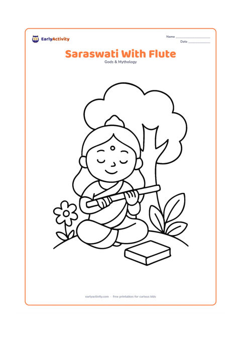 Colouring page: Saraswati sits under a small tree, holding a flute across her hands beside a closed blank book. Add two large leaves, a flower, and a curved patch of grass.