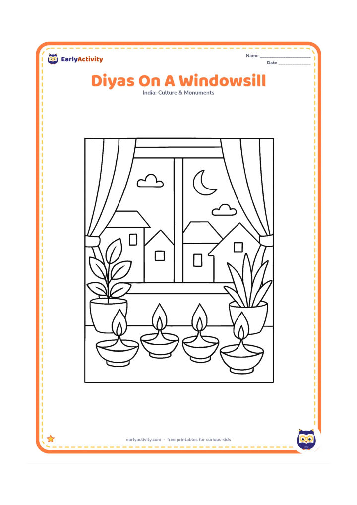 Colouring page: Four lit diyas sit along an Indian home windowsill, with simple curtains, potted plants and a view of rooftops outside.