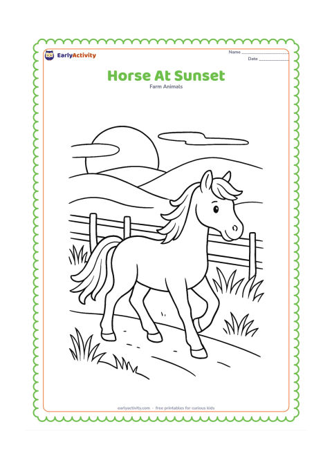 Colouring page: A horse walks along a farm path at sunset, with low hills, a large setting sun, a fence and long grass on both sides. Show its mane and tail moving gently as it walks.