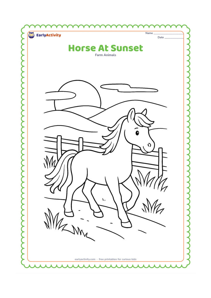 Colouring page: A horse walks along a farm path at sunset, with low hills, a large setting sun, a fence and long grass on both sides. Show its mane and tail moving gently as it walks.