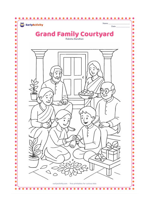 Colouring page: Several generations gather in a traditional courtyard for a rakhi ceremony, with one sibling tying the rakhi, another receiving it and relatives sharing sweets. Include pillars, a…