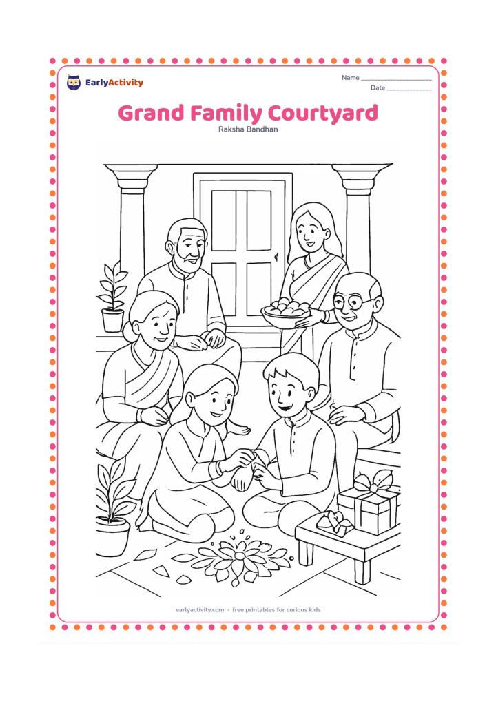 Colouring page: Several generations gather in a traditional courtyard for a rakhi ceremony, with one sibling tying the rakhi, another receiving it and relatives sharing sweets. Include pillars, a…