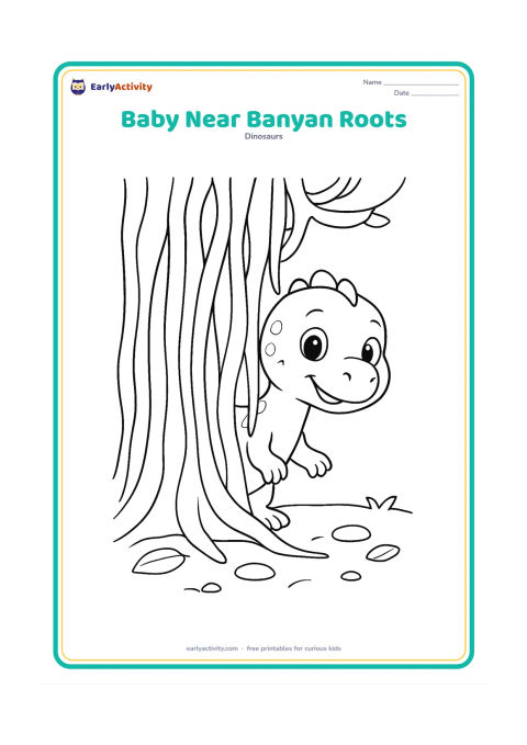 Colouring page: Draw a friendly baby dinosaur peeking around broad hanging roots of a large banyan-like tree. Include a few fallen leaves, smooth stones and an open patch of ground.