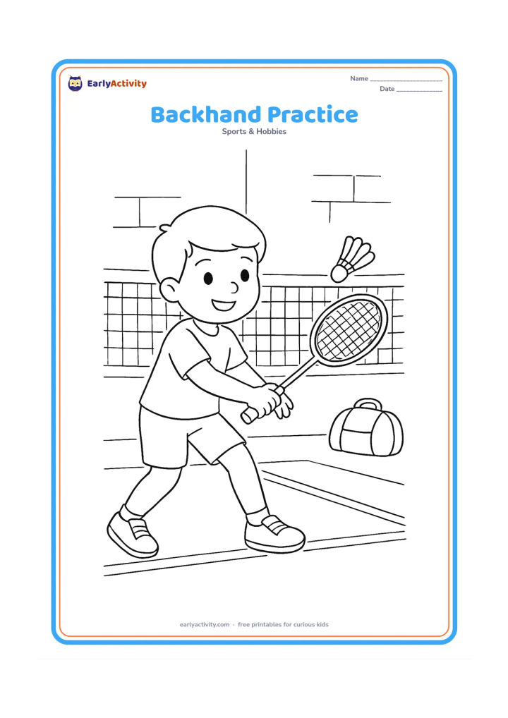 Colouring page: Draw a child making a backhand swing toward a shuttlecock, with the racket crossing in front of the body. Include a school gym wall, net, court boundary and a sports bag in the corner.