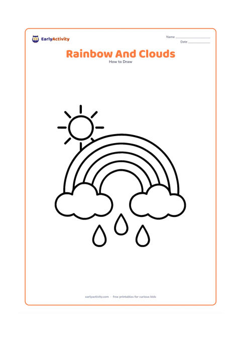 Worksheet: A broad five-band rainbow rising between two large rounded clouds. Add a simple sun peeking from one side and three oversized raindrops, keeping every shape open and easy to colour.