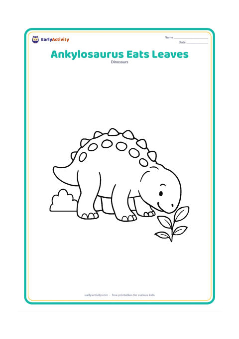 Colouring page: An Ankylosaurus bends its head toward a small leafy plant, with its mouth near the leaves and its armoured back forming a simple curved shape. Include one bush and a plain ground line.