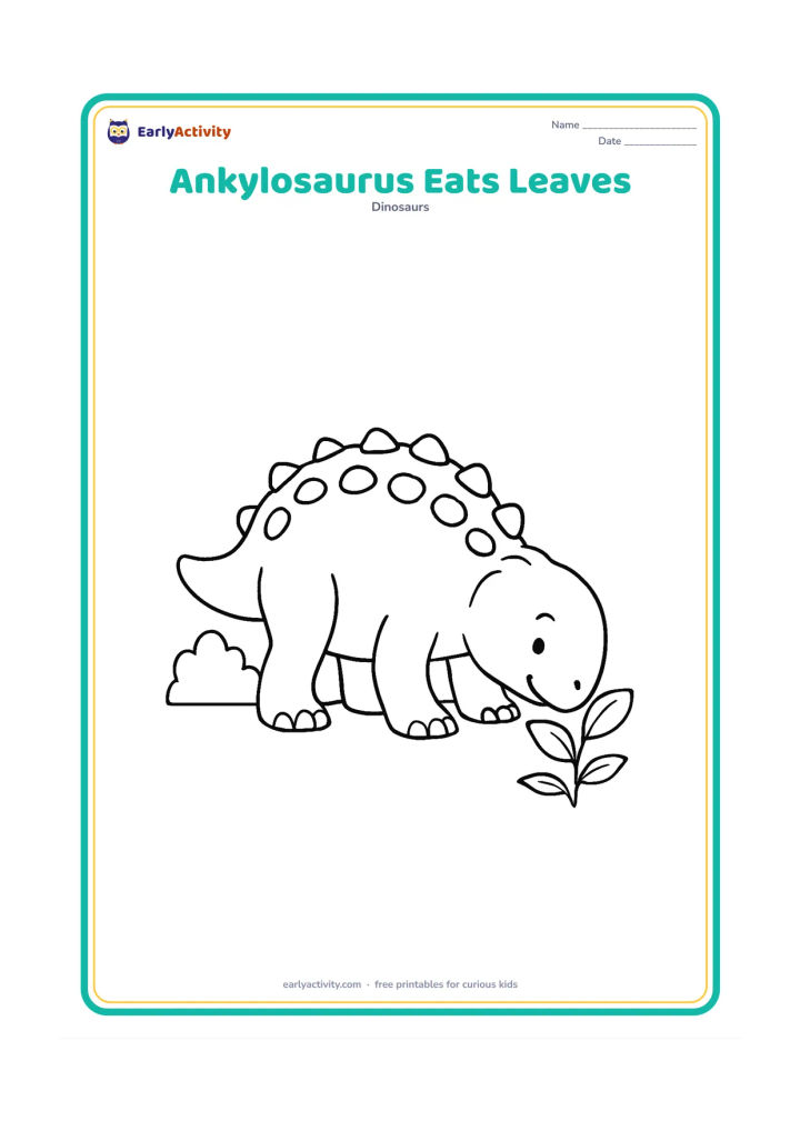 Colouring page: An Ankylosaurus bends its head toward a small leafy plant, with its mouth near the leaves and its armoured back forming a simple curved shape. Include one bush and a plain ground line.