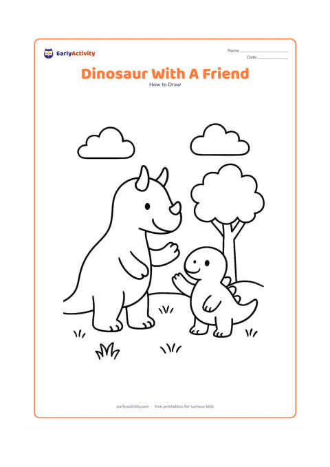 Worksheet: Show a large friendly horned dinosaur and a much smaller round dinosaur greeting each other, first as simple body ovals and then as a complete scene. Place them on grass with one tree…