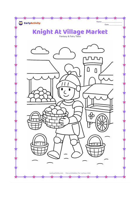Colouring page: A friendly knight helps carry a basket through a cheerful village market, passing a fruit stall and a small decorated cart. Add a castle-like watchtower, baskets, and a few broad awnings…