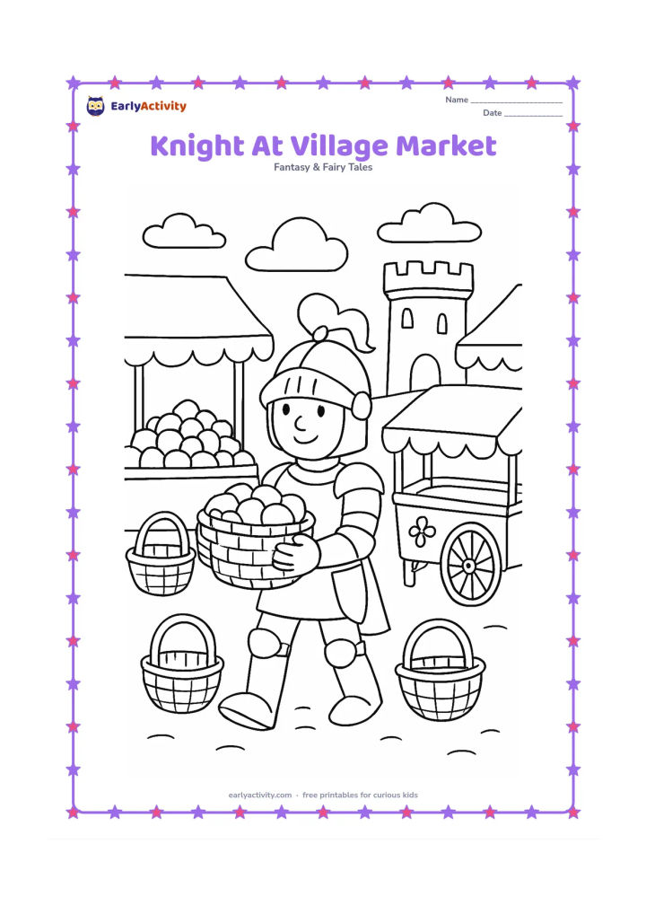 Colouring page: A friendly knight helps carry a basket through a cheerful village market, passing a fruit stall and a small decorated cart. Add a castle-like watchtower, baskets, and a few broad awnings…