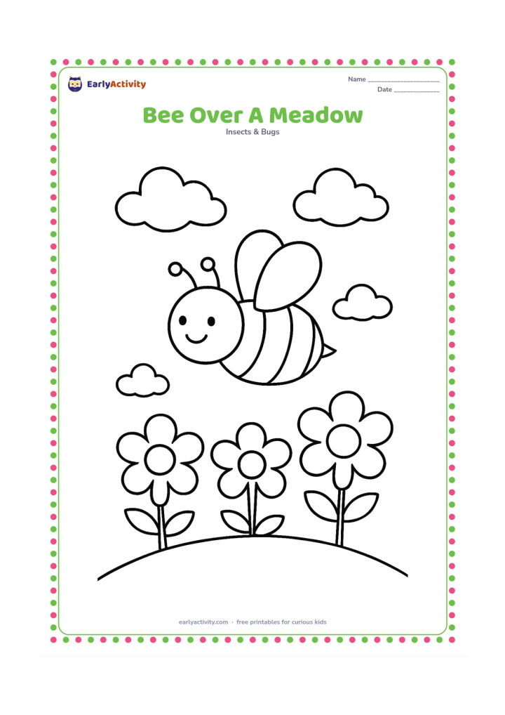 Colouring page: A bee flies above a gently curved meadow containing three large flowers and a few rounded clouds. Show the bee from the side with its wings and antennae visible.