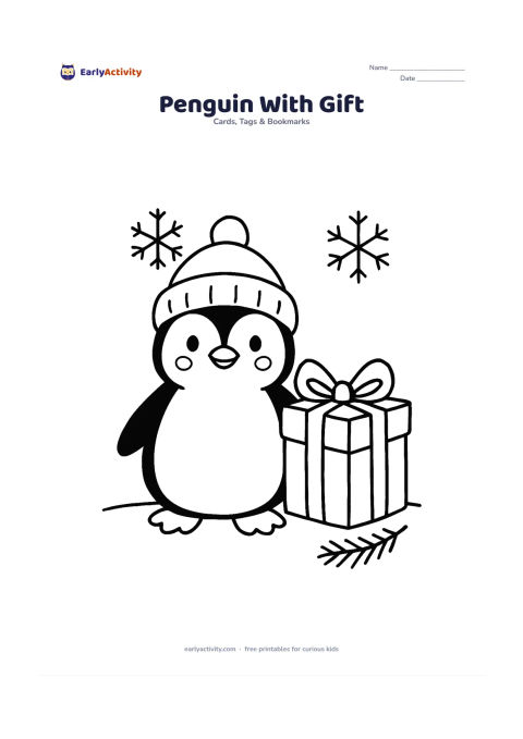 Worksheet: Draw a friendly penguin in a woollen cap standing beside one large wrapped gift, with two simple snowflakes and a small evergreen branch nearby. Use a clear front-facing pose and a broad…