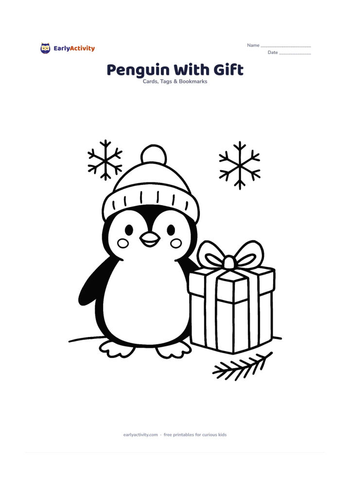 Worksheet: Draw a friendly penguin in a woollen cap standing beside one large wrapped gift, with two simple snowflakes and a small evergreen branch nearby. Use a clear front-facing pose and a broad…