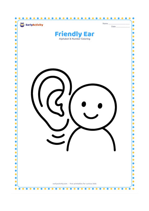 Colouring page: Draw one large friendly ear with a gentle smiling face beside it, surrounded by three curved sound lines. Place the ear on a simple head-and-neck outline.