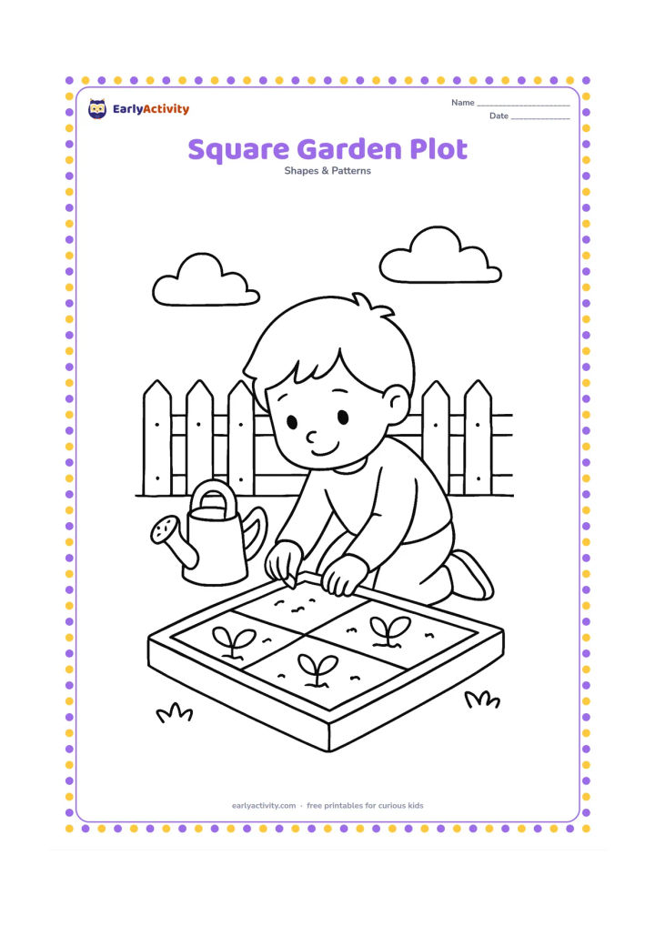 Colouring page: A child plants seeds in a square garden bed divided into four square sections. Include a watering can, leafy seedlings, a fence, and a few clouds.