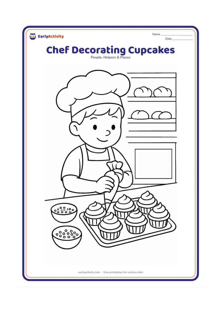 Colouring page: A child chef pipes icing onto cupcakes using a piping bag. Show a tray of finished cupcakes, sprinkles in small bowls, an apron, and a bakery counter.