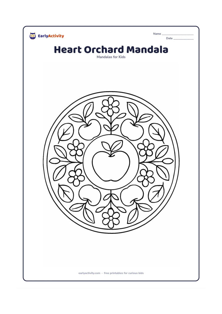 Colouring page: Draw a circular mandala with a central heart-shaped apple, alternating leaves, apples, blossoms, and curved branches in repeating rings. The orchard motifs should feel balanced rather…
