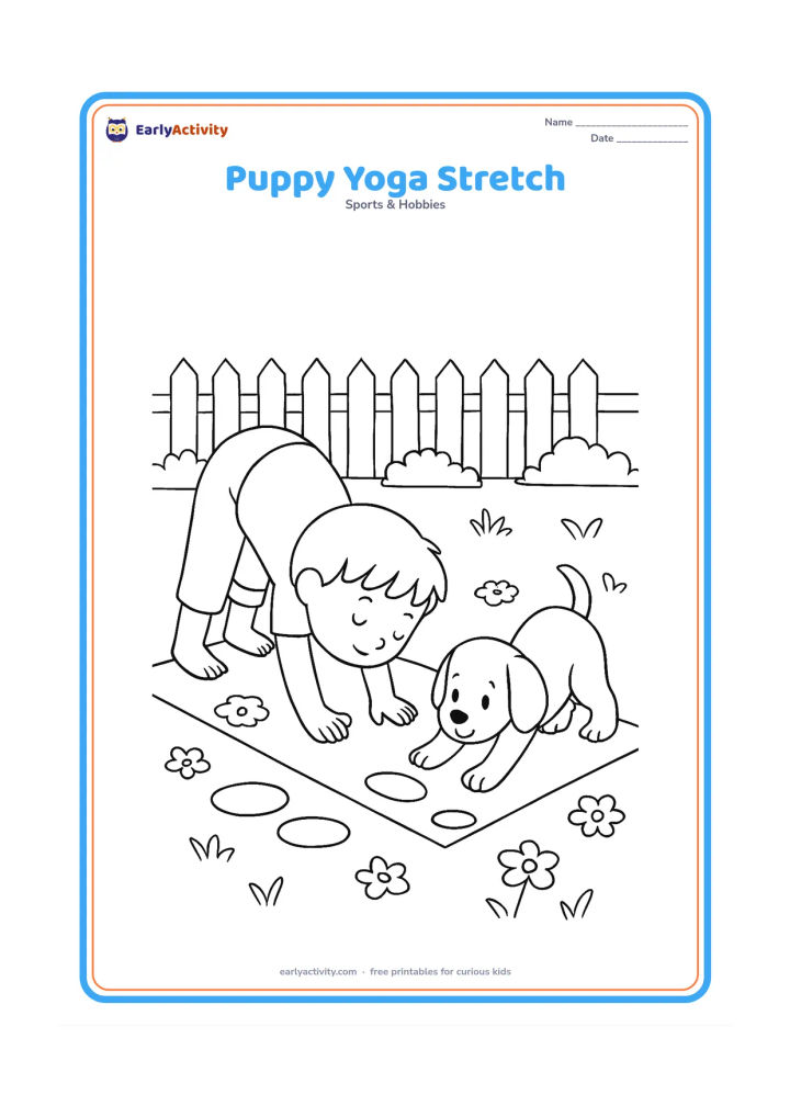 Colouring page: A child and a friendly puppy both stretch with hands and front paws down and hips raised, copying a gentle downward-facing pose. Set them on a garden mat with flowers, stepping stones…