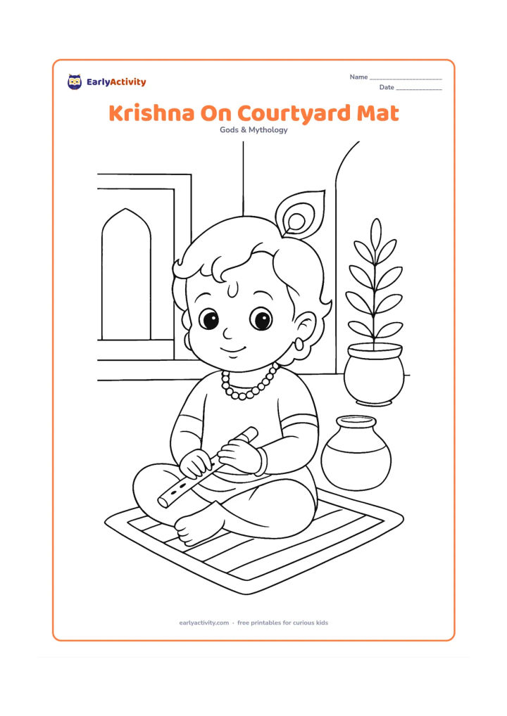 Colouring page: Baby Krishna sits cross-legged on a woven mat with a small flute in his lap and a matki nearby, in an Indian home courtyard with one doorway and a plant. Keep the composition open.