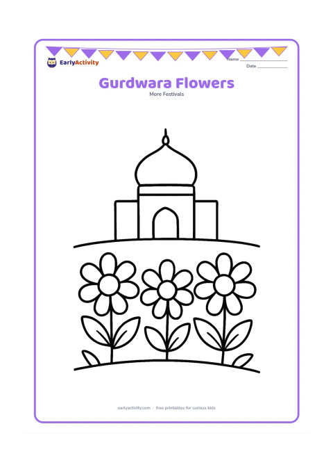 Colouring page: Draw three large flowers in the foreground with a small, simple gurdwara behind them, including a dome and arched entrance. Use a clear ground line and a few simple leaves.