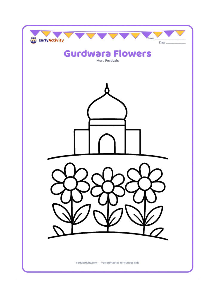 Colouring page: Draw three large flowers in the foreground with a small, simple gurdwara behind them, including a dome and arched entrance. Use a clear ground line and a few simple leaves.