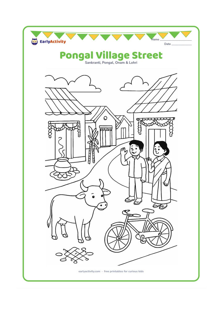 Colouring page: A decorated village street curves past several homes, with kolams at doorways, hanging flower garlands, sugarcane bundles, a boiling pot, and neighbours greeting one another. Include a…