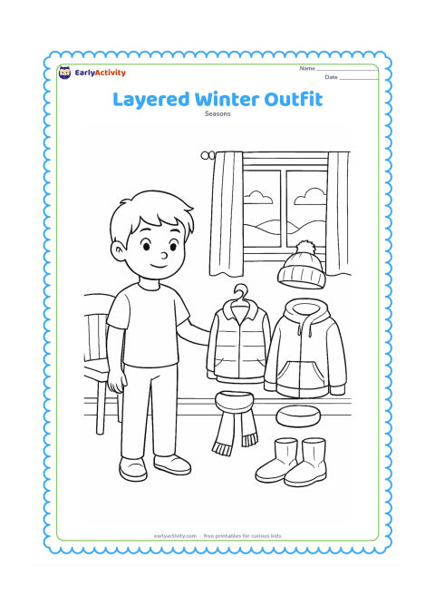Colouring page: A child stands beside a neatly arranged set of removable-looking clothing layers: vest, sweater, jacket, cap, scarf and boots. Place the display in a bright bedroom with a chair and a…