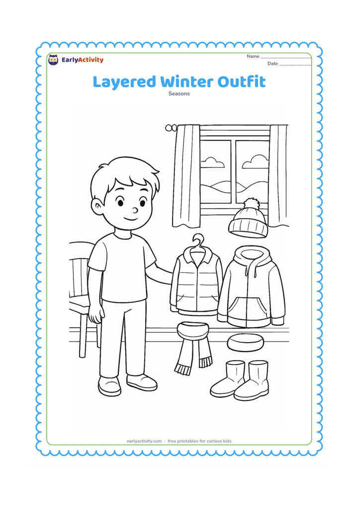 Colouring page: A child stands beside a neatly arranged set of removable-looking clothing layers: vest, sweater, jacket, cap, scarf and boots. Place the display in a bright bedroom with a chair and a…