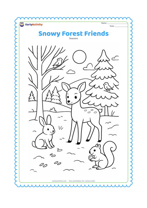 Colouring page: A peaceful winter forest scene shows a deer, rabbit, squirrel and small birds around a snow-covered clearing. Include bare and evergreen trees, animal tracks, distant hills and a soft…
