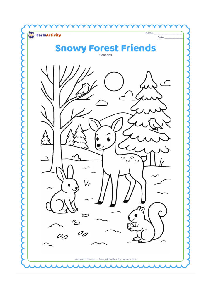 Colouring page: A peaceful winter forest scene shows a deer, rabbit, squirrel and small birds around a snow-covered clearing. Include bare and evergreen trees, animal tracks, distant hills and a soft…