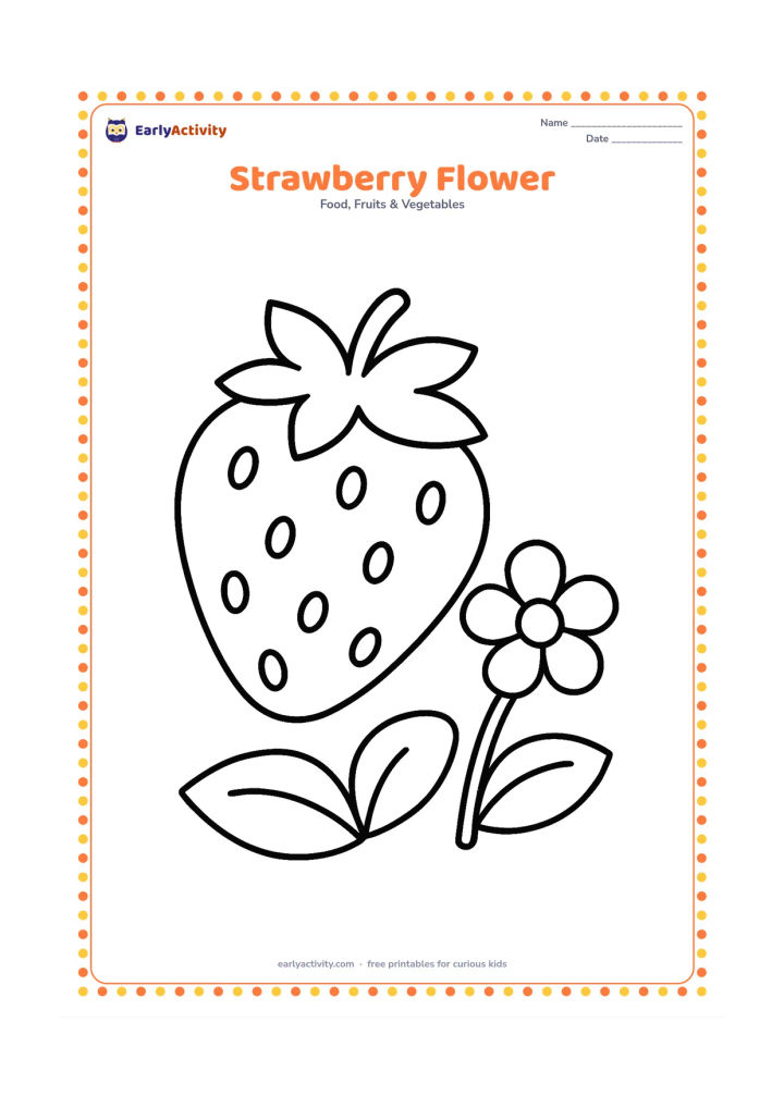 Colouring page: A large strawberry with a leafy top beside one simple flower and two broad leaves on the ground.