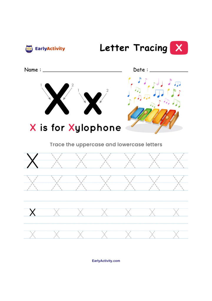 Tracing worksheet for letter X with uppercase and lowercase X examples, writing lines, music notes, and a xylophone.