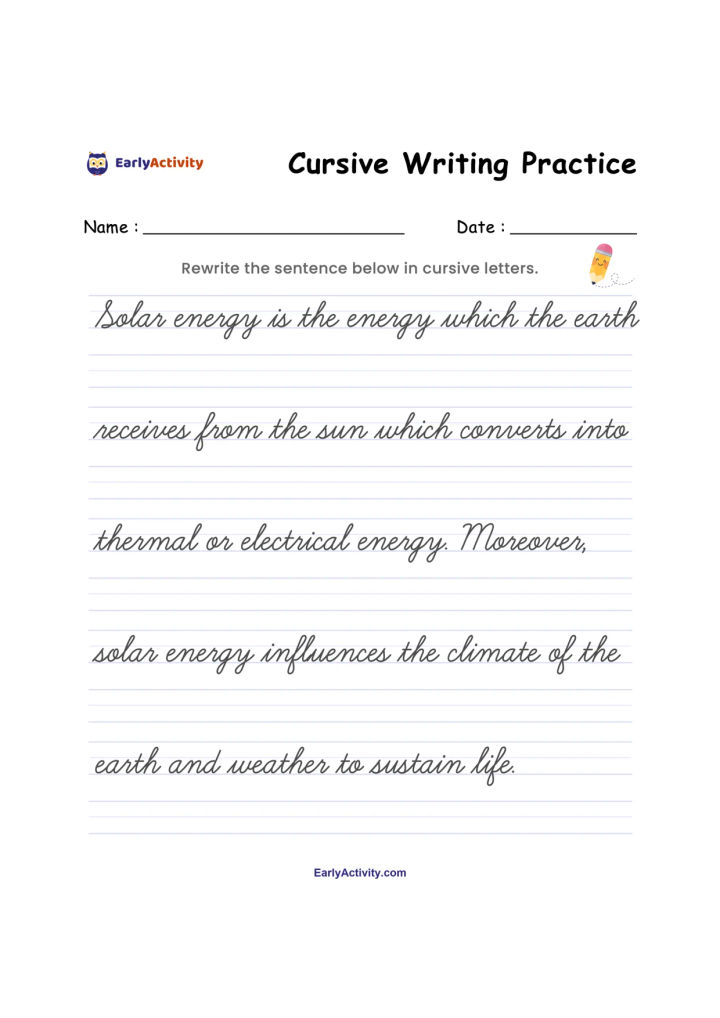 Cursive writing worksheet with a sentence about solar energy and several lined rows for rewriting it.