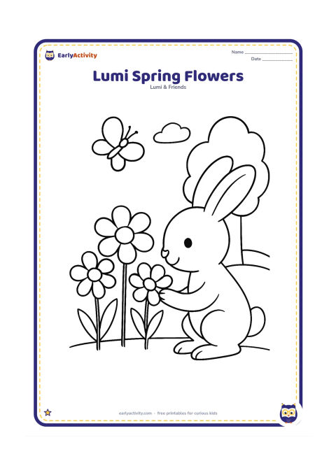 Colouring page: Lumi kneels beside three large spring flowers and gently touches one blossom. Add a simple butterfly, a rounded tree and a bright open sky.