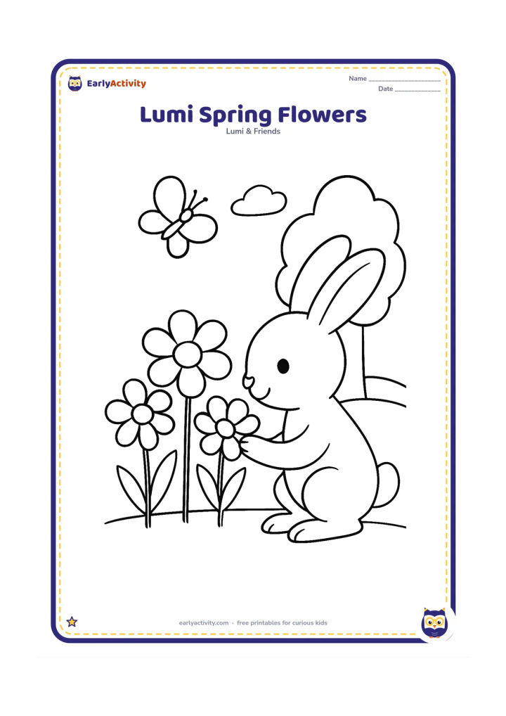 Colouring page: Lumi kneels beside three large spring flowers and gently touches one blossom. Add a simple butterfly, a rounded tree and a bright open sky.
