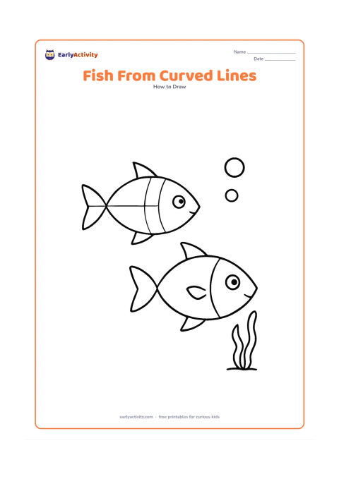 Worksheet: Show a large fish whose body, tail, fins, and gill are constructed from clearly separated curved and straight guide lines, followed by a clean finished outline beside it. Add two bubbles…