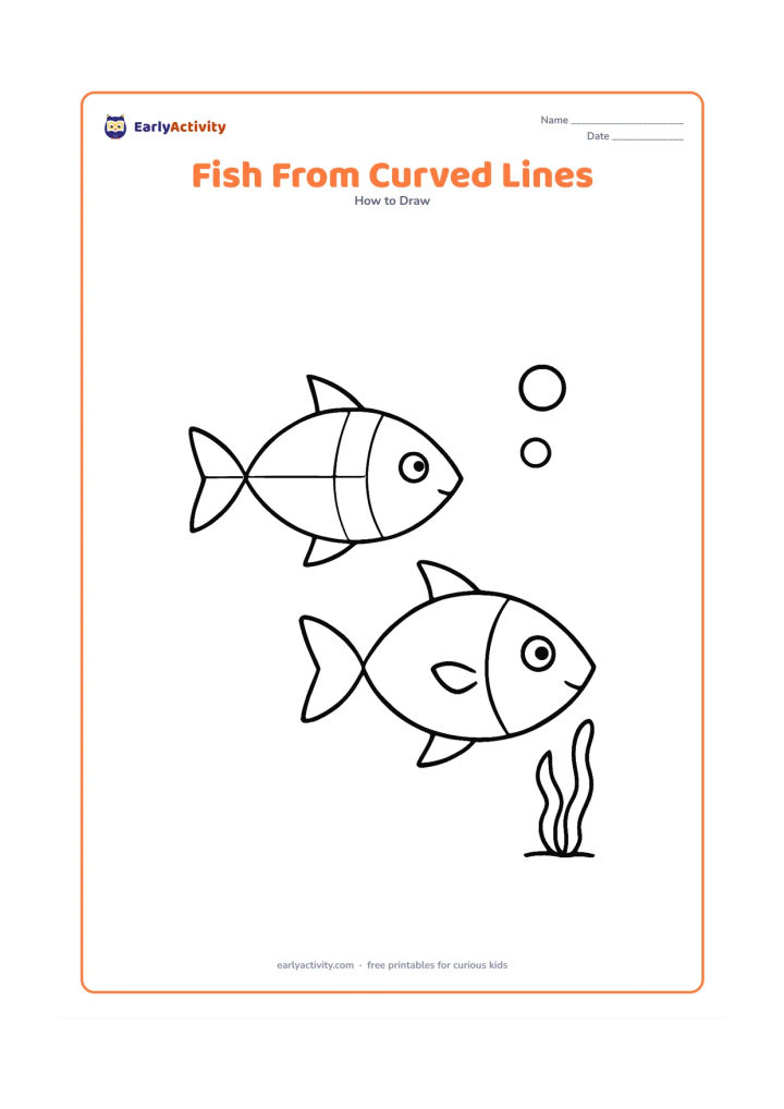 Worksheet: Show a large fish whose body, tail, fins, and gill are constructed from clearly separated curved and straight guide lines, followed by a clean finished outline beside it. Add two bubbles…