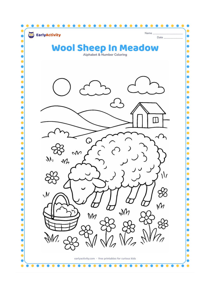 Colouring page: Draw a fluffy sheep grazing in a flower-filled meadow, with a basket of wool, a small shepherd's hut, rolling hills, and a spring sky. Include a few curling wool tufts on the sheep's body.