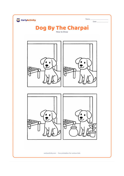 Worksheet: Show blank, unlabeled stages for a dog sitting beside a simple woven charpai on a veranda, adding a clay pot and a small plant in the final stage. The dog should face the viewer with one…