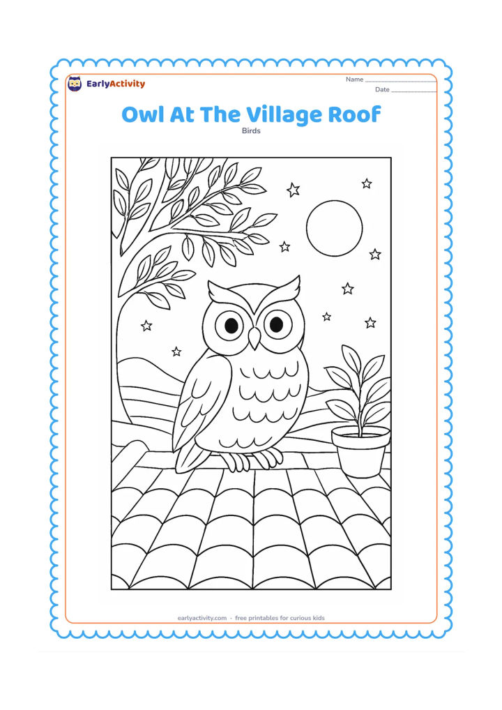 Colouring page: An owl perches on a tiled village roof at dusk, with a neem tree, potted plants, a distant field, a rising moon and scattered stars.