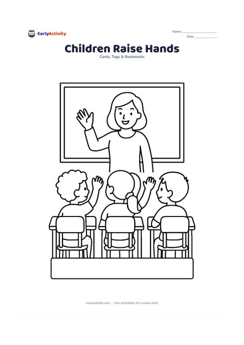 Worksheet: Three children seated at classroom desks raise their hands toward a smiling teacher at the front, with a blank board behind the teacher and an empty message panel across the lower edge.…