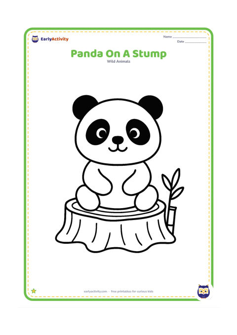 Colouring page: Draw a panda sitting on a wide tree stump with one small bamboo shoot beside the stump. Keep the scene front-facing and balanced.