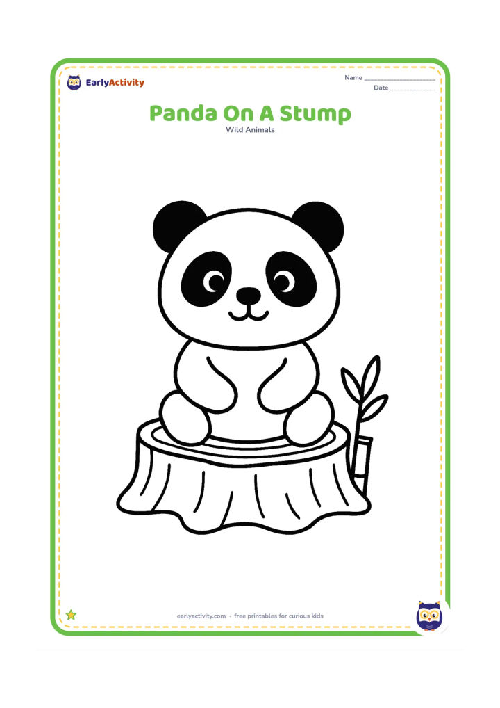 Colouring page: Draw a panda sitting on a wide tree stump with one small bamboo shoot beside the stump. Keep the scene front-facing and balanced.