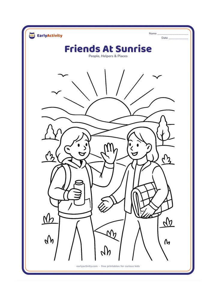 Colouring page: Two friends greet each other on a hilltop at sunrise, with one carrying a small thermos and the other holding a folded picnic blanket. Include layered hills, trees, birds, and a large…
