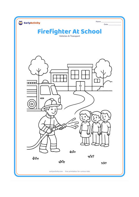 Colouring page: Draw a fire truck parked outside a school while a firefighter demonstrates a hose to a small group of children standing safely nearby. Add a low school building, trees and a walkway,…
