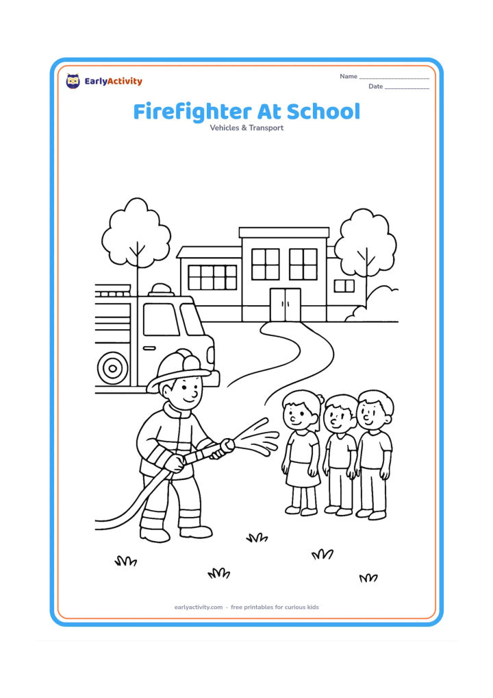 Colouring page: Draw a fire truck parked outside a school while a firefighter demonstrates a hose to a small group of children standing safely nearby. Add a low school building, trees and a walkway,…
