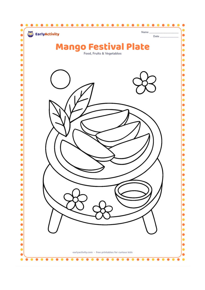 Colouring page: Draw a decorative plate of mango slices on a low table, with two mango leaves, a small bowl and simple flower decorations nearby.